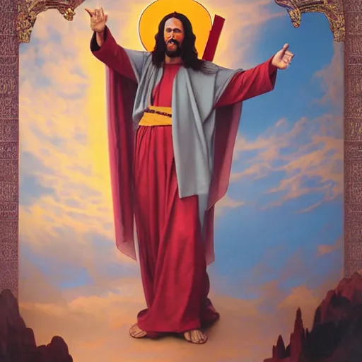 Prompt: buddy christ from dogma by kevin smith as christ the redeemer pointing both fingers in front of him, dynamic composition, dramatic lighting, trending on artstation, award winning art, stylized painting, ultrawide lens, aerial photography, rio de janeiro, 4 k, art by william bouguereau, alphonse mucha, greg rutkowski,