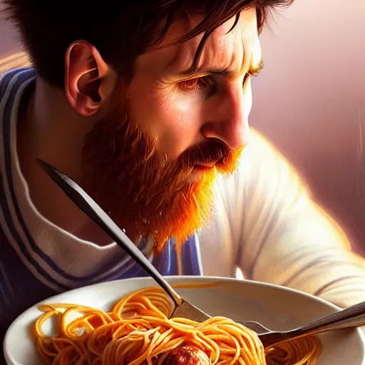 Image similar to Messi eating spaghetti with meatballs, closeup, D&D, fantasy, intricate, elegant, highly detailed, digital painting, artstation, concept art, matte, sharp focus, illustration, art by Artgerm and Greg Rutkowski and Alphonse Mucha