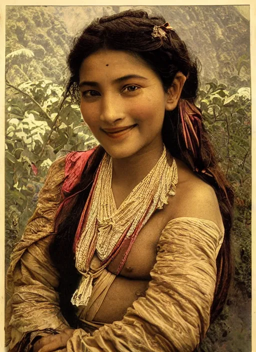 Prompt: hyper realistic and detailed vintage portrait photo of a beautiful beautifully lit nepalese Victorian woman smiling in a himalayan valley by alphonse mucha and annie leibovitz