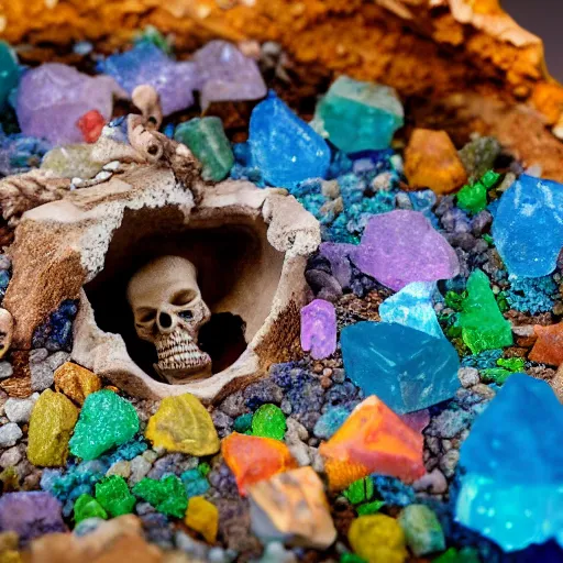 Image similar to photorealistic small dinosaur skeleton inside a geode of colored crystals