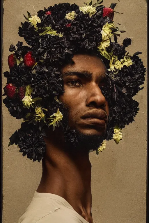 Image similar to a black young man's face in profile, made of flowers and fruit, in the style of the Dutch masters and Alec Soth, dark and moody