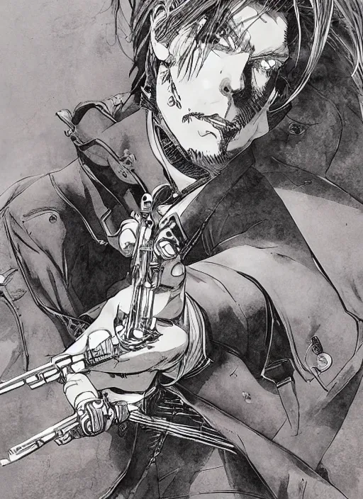 Prompt: a gunslinger twirling revolvers on his fingers, by takehiko inoue and kim jung gi and hiroya oku, masterpiece ink illustration