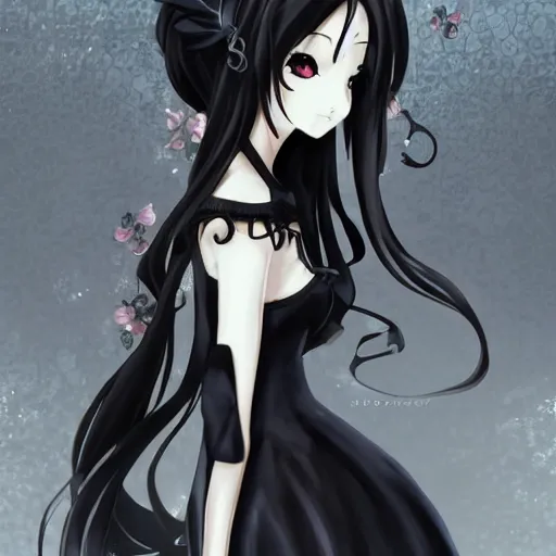 Image similar to beautiful illustration of anime maid, stunning and rich detail, pretty face and eyes. Gothic style, clear and perfect anatomy. Full-body shot from the side, Pixiv popular