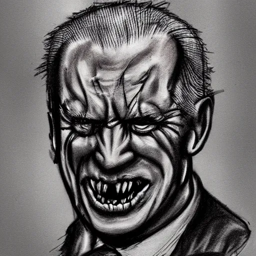 Image similar to grunge, aggressive sketch, messy lines, dark strokes, drawing of demonic joe biden as a caricature in the style of Jacob Shaw,creepy, surreal, trending on artstation