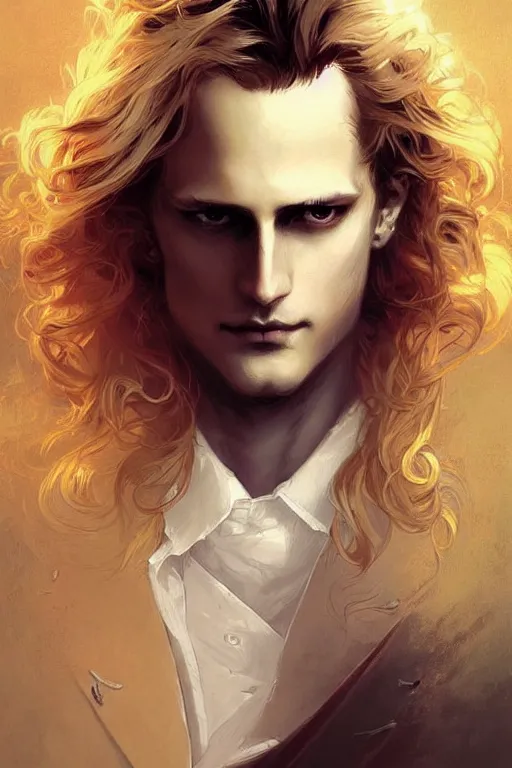 Image similar to johan liebert mixed with alucard picture by Greg Rutkowski, long fluffy blond curly hair, baroque curls, dynamic pose, matte painting, intricate, z brush, fantasy concept art, elegant, by Stanley Artgerm Lau, WLOP, golden ratio, thomas kindkade, alphonse mucha, loish, Peter chung, norman Rockwell,