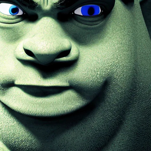 Image similar to closeup portrait of an ethereal shrek made of blue light, divine, cyberspace, mysterious, dark high-contrast concept art