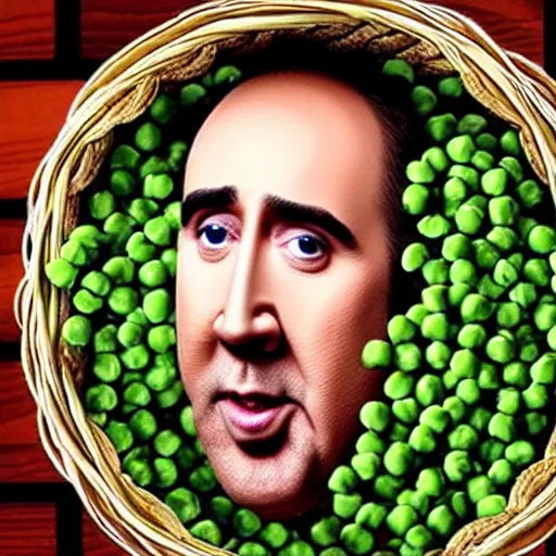 Image similar to nicolas cage trapped in a wicker cage with peas on his face, dying