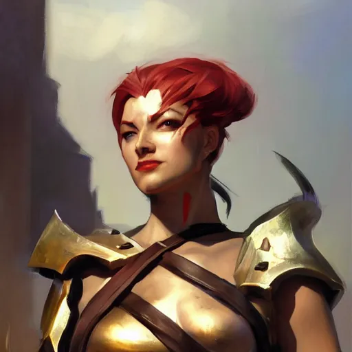 Prompt: greg manchess portrait painting of partially armored female kratos as overwatch character, medium shot, asymmetrical, profile picture, organic painting, sunny day, matte painting, bold shapes, hard edges, street art, trending on artstation, by huang guangjian, gil elvgren, ruan jia, greg rutkowski, gaston bussiere