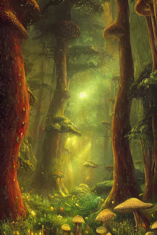 Prompt: digital painting detailed forest tree magical forest flowers mushrooms painted by John Harris