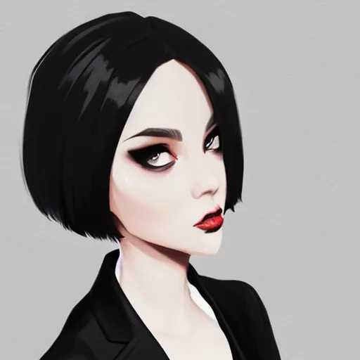 Image similar to slim killer girl in tuxedo with black bob hair, elegant, 2d, ultra highly detailed, digital painting, smooth, sharp focus, artstation, art by Ilya Kuvshinov