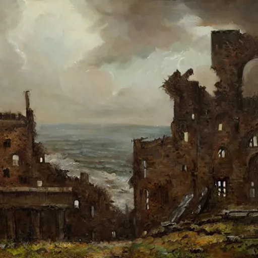 Prompt: Panorama view at broken parts of a castle that are caught in a hurricane, oil painting, by Greg Rutkowski