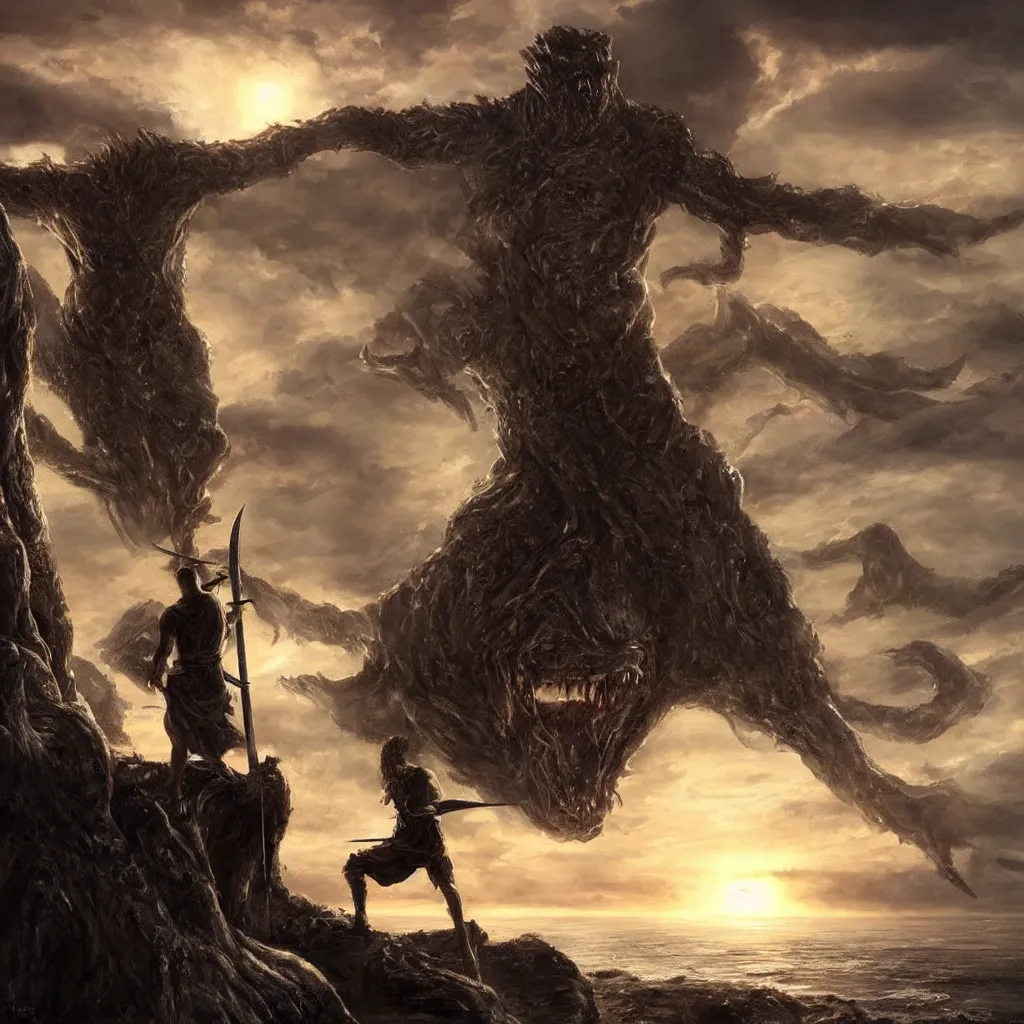 Prompt: a man holding a sword looking out over a cliff while a large lovecraftian monster looms over him darkening the setting sun behind him , hyper realistic ,gloomy, horror, scary, nightmare