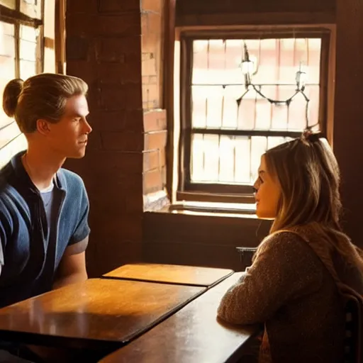 Image similar to a tall guy with dark blond hair bun dating a blond girl in an old restaurant, Gilmore girls aesthetic, realistic, beautiful lighting