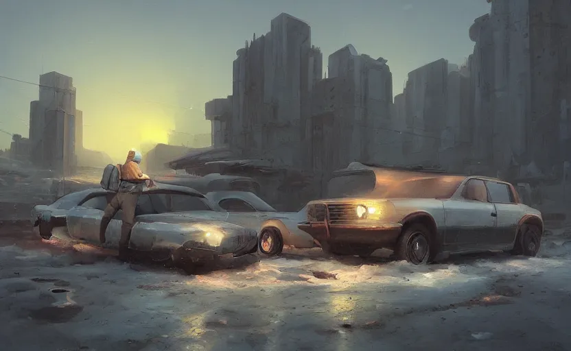 Prompt: 🌆 🚙 🏛 🌨 🏔, by tyler edlin, scott listfield, detailed, realistic, real, atmospheric, hd, artstation, deviant art, painting