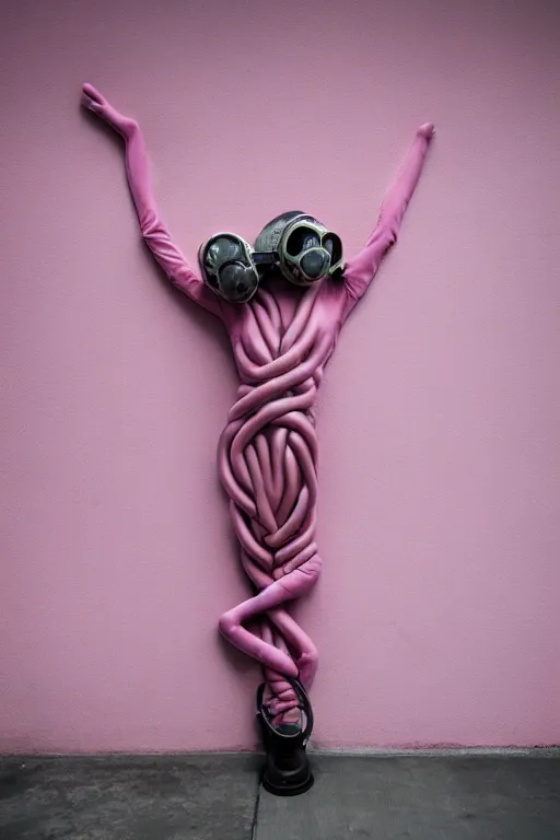 Image similar to a surreal portrait of intertwined and contorted figures wearing gas mask next to a pink wall in the style of brooke didonato, editorial fashion photography from vogue magazine, full shot, nikon d 8 1 0, ƒ / 2. 5, focal length : 8 5. 0 mm, exposure time : 1 / 8 0 0, iso : 2 0 0