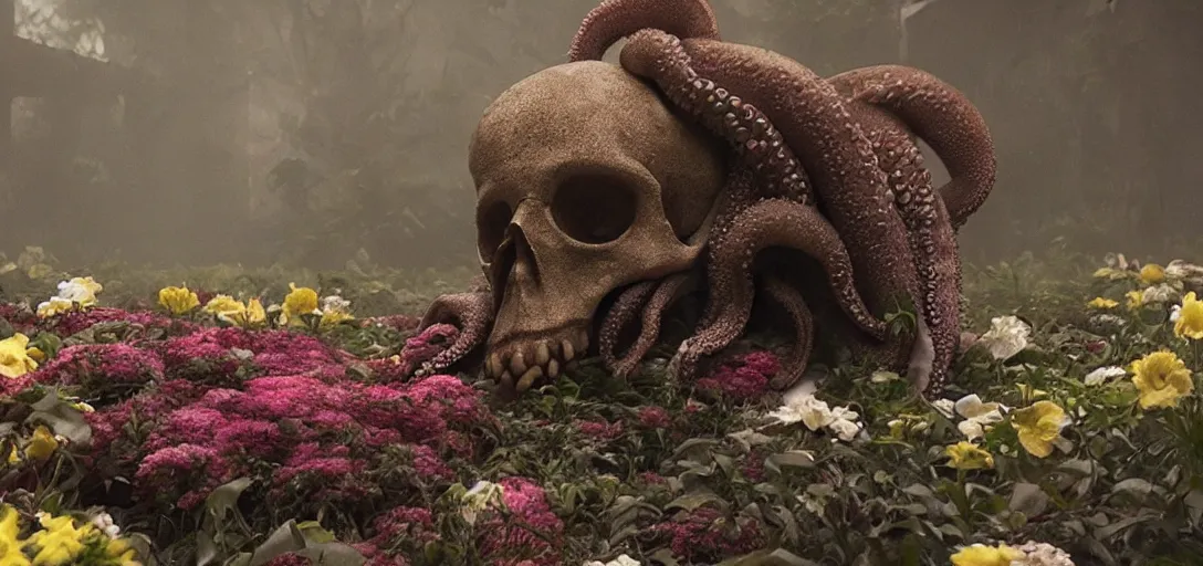 Prompt: an | octopus in the shape of a skull | surrounded by flowers at midnight, foggy, cinematic shot, photo still from movie by denis villeneuve, wayne barlowe