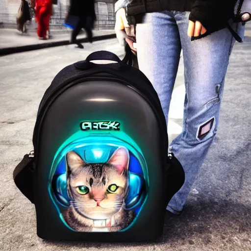 Prompt: cat in a scifi cyberpunk backpack