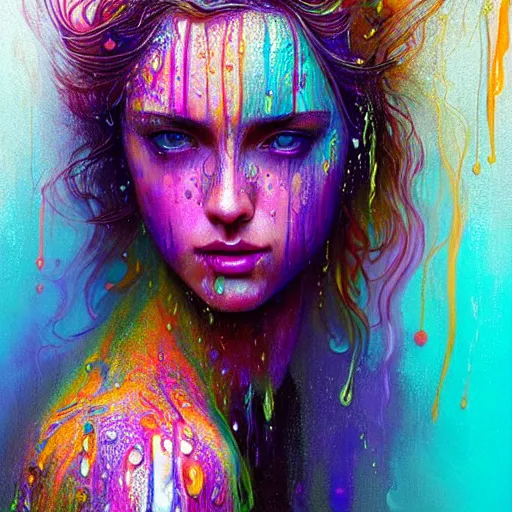 Image similar to portrait of girl in colored psychedelic rain with wet hair and face, fantasy, intricate, elegant, dramatic lighting, elated emotion, highly detailed, lifelike, photorealistic, digital painting, artstation, concept art, smooth, sharp focus, illustration, art by John Collier and Albert Aublet and Krenz Cushart and Artem Demura and Alphonse Mucha