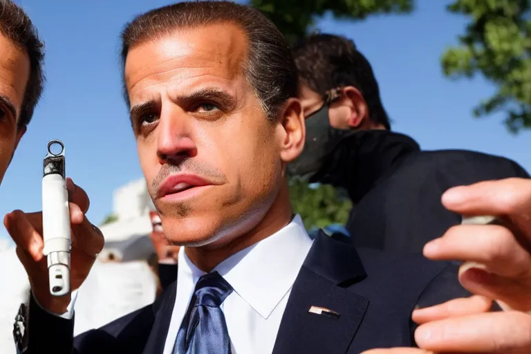 Image similar to hunter biden smoking crack pipe. wide angle view