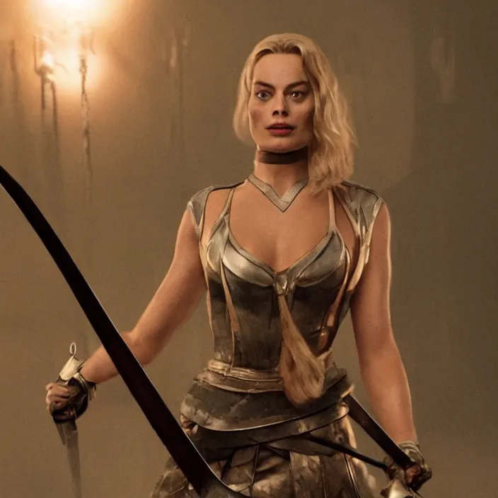 Image similar to margot robbie, broadsword in her hands, sword. very coherent symmetrical artwork. cinematic, high detail, octane render, 8 k