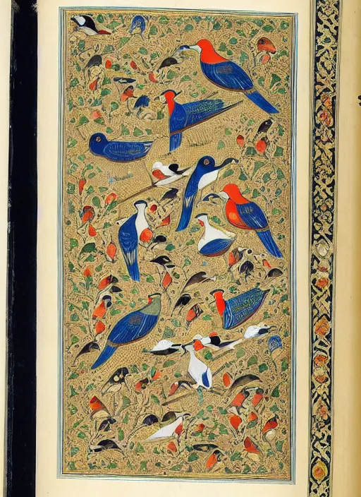 Image similar to the conference of the birds, persian miniature illustration of birds gathered around a hoopoe, highly detailed illustration, illustrated persian manuscript, metropolitan museum of modern art, habiballah of sava, intricate, elegant