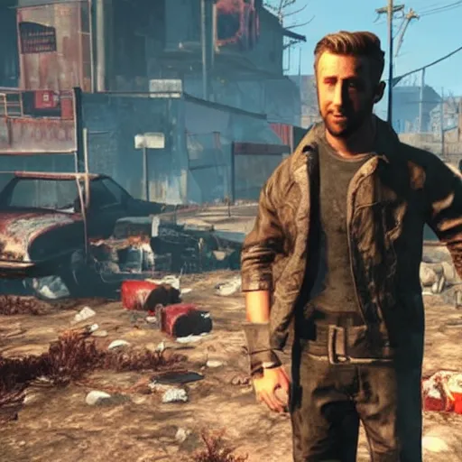 Image similar to ryan gosling kills a mutant in fallout 4