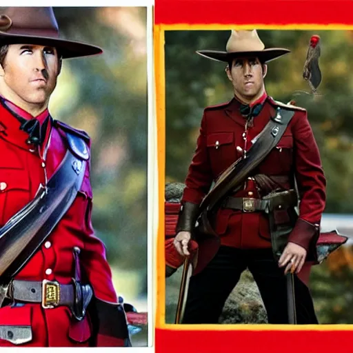 Image similar to tarot card of Ryan Reynolds in a mountie oufit