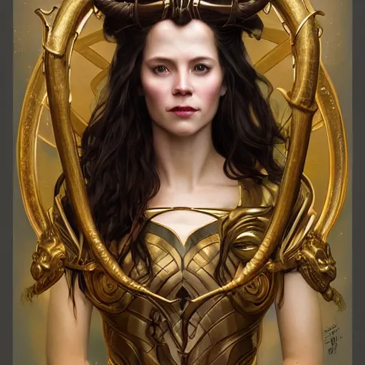 Image similar to Portrait of a female genderbent Loki with golden horned helmet drawn by Donato Giancola and Tom Bagshaw, face by Artgerm, overall design by Alphonse Mucha, background by James Jean and Gustav Klimt, light by Julie Bell, 4k, porcelain skin, komorebi, french nouveau, trending on artstation, octane render, hyperrealistic