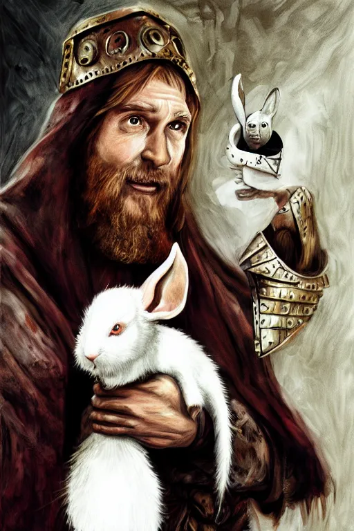 Image similar to tim the enchanter from monty python and the holy grail holding a white rabbit, digital painting, highly detailed