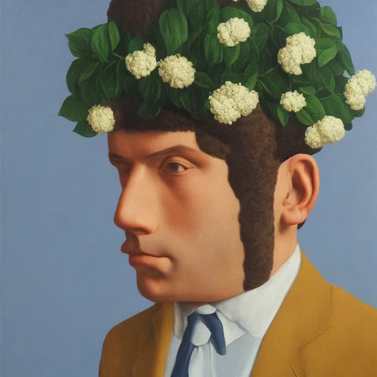 Prompt: portrait of man in a suit, his head is flowers, by rene magritte, detailed painting, hd, hq, high resolution, high detail, 4 k, 8 k