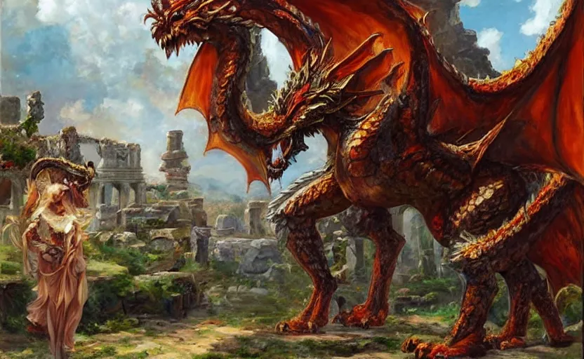 Image similar to Colossal dragon on ancient ruins. By Konstantin Razumov, highly detailded