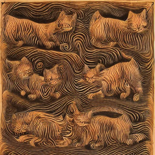 Image similar to kashmire motif of cats dissolving, made of wood