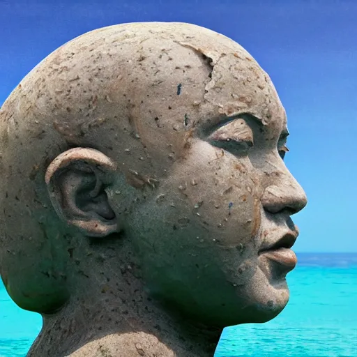 Prompt: a giant human head sculpture in the sea made out of juicy hamburgers, long shot, hyper detailed, hyper realistic, ray tracing, 8 k resolution, sharp focus, realistic water, award winning