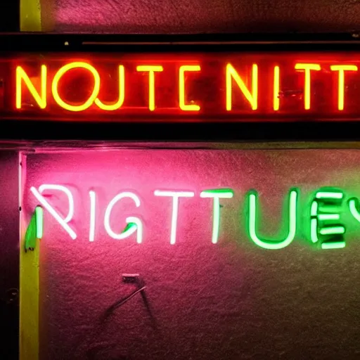 Image similar to a neon sign saying Quiet Night outside a cyberpunk nightclub, raining