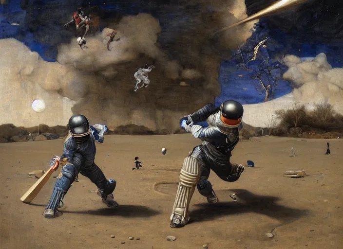 Image similar to a cricket match on the moon by edgar maxence and caravaggio and michael whelan and delacroix style, artistic, intricate painting, cinematic lighting, hyper realistic, extremely detailed, establishing shot, 8 k resolution, dramatic lighting