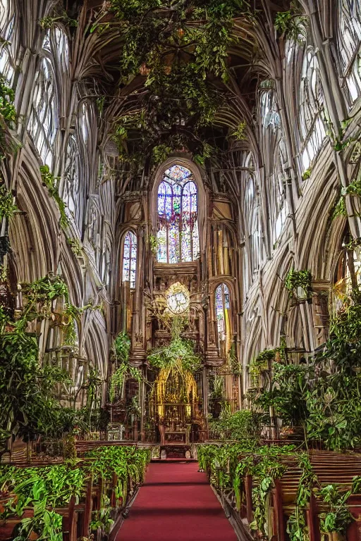Image similar to photo inside a cathedral overgrown by lush plants, ornate highly detailed intricate