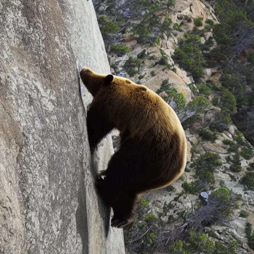 Prompt: photo of a bear rock climbing