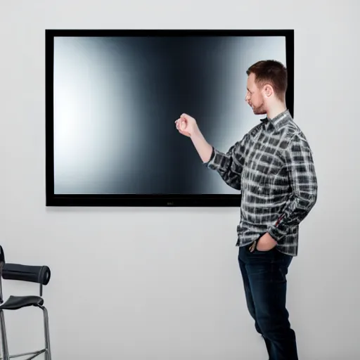 Image similar to studio photo of person with TV instead of his head, photorealistic, 50mm