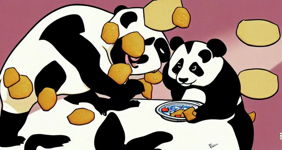 Prompt: a comic book illustration of a panda eating crackers by Bruce Timm