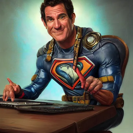 Image similar to an insanely detailed painting of jeff probst wearing a superhero costume sitting at a desk, staring nervously at a computer and typing, in the style of peter mohrbacher, dramatic lighting and composition, trending on artstation, concept art, comic book