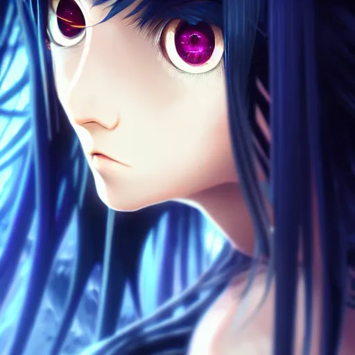 Image similar to two gold eyes on a long blue - haired girl with bangs gothic anime character noir, screenshot, anime, sharp focus, intricate, illustration, cell shaded, digital painting, highly detailed, concept art, matte, art by ilya kuvshinov, wlop, and greg rutkowski, studio quality, james jean, artem demura