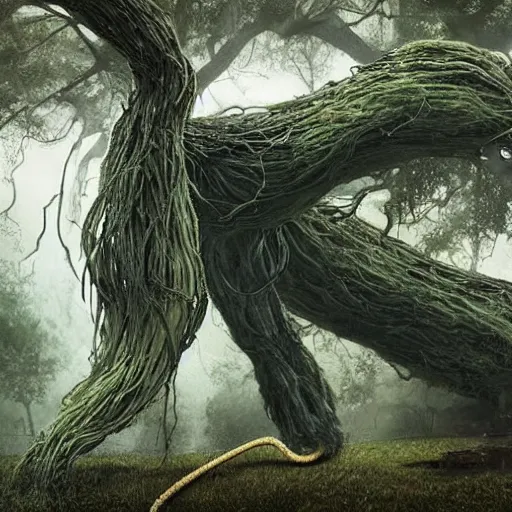 Image similar to A beautiful installation art of a large, looming creature with a long, snake-like body. The creature has many large, sharp teeth, and its eyes glow a eerie green. It is wrapped around a large tree, which is bent and broken under the creature's weight. There is a small figure in the foreground, clutching a sword, which is dwarfed by the size of the creature. warm, Wanda Gág by Naoto Hattori, by Claude Cahun intuitive