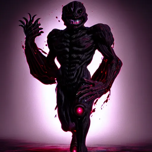 Prompt: a concept game character of black demon, living in a shadow!! red eyes!! unseen body!! only showing itself in painting!! octane render!! unreal engine 5!! junji ito!! highly rendered!!