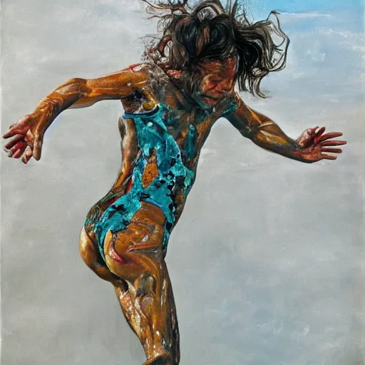 Prompt: high quality high detail painting by lucian freud and jenny saville, hd, jumping, turquoise