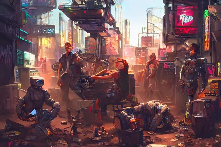 Prompt: hobos betting on robot fights in a cyberpunk ghetto, by artgerm and wlop