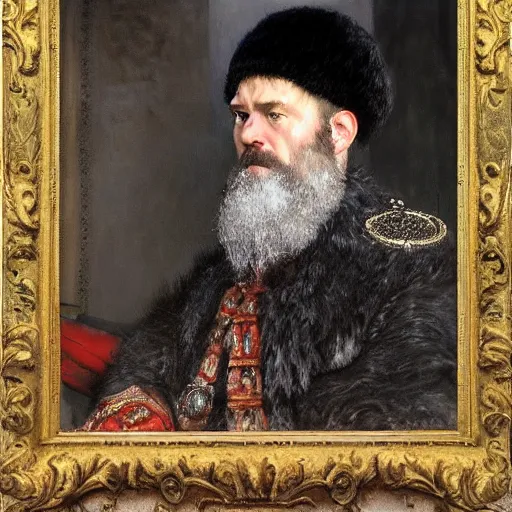 Image similar to portrait of tsar in fur hat Ivan the Terrible listening smartphone masterpiece painting by vasnetsov and surikov, JEAN-VICTOR BERTIN, by Terence Cuneo, detailed, artfully traced, 4k resolution, cinematic, dramatic