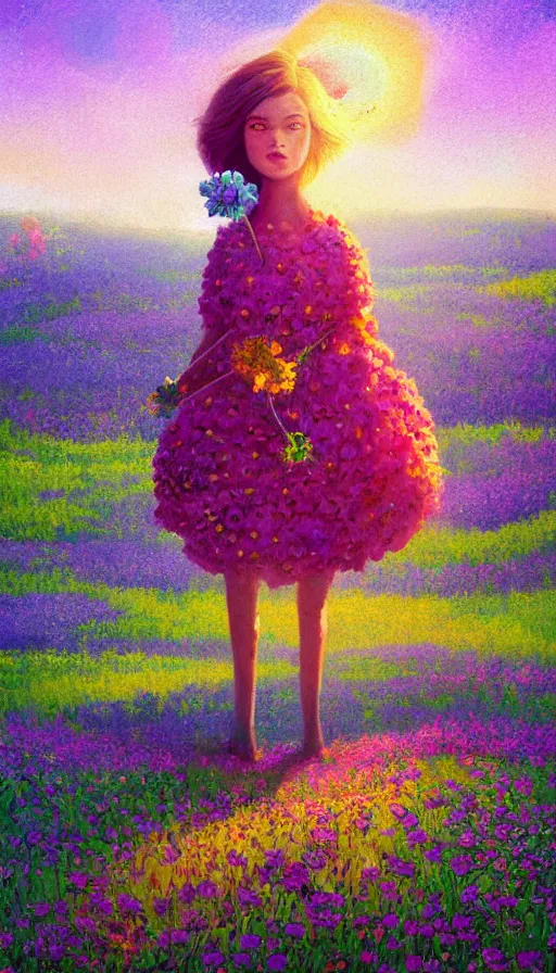 Image similar to girl with giant flower as a face and flower dress, standing in a flower field hills, big trees, sunrise dramatic light, impressionist painting, colorful clouds, digital painting, pointillism, artstation, simon stalenhag