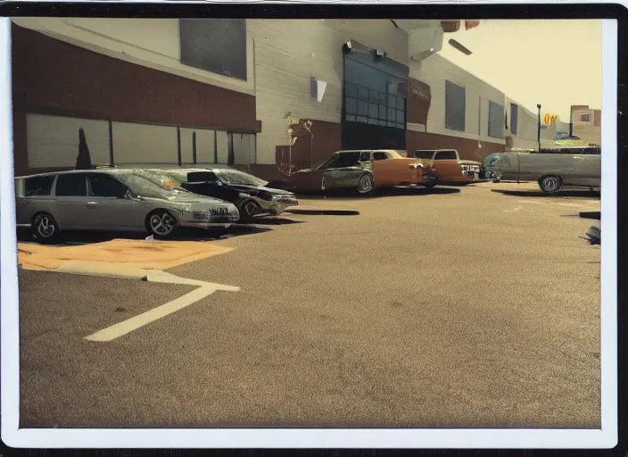 Image similar to polaroid photograph of an empty blockbuster store parking lot, liminal space, familiar place, mannequins, black mold, amateur, unreal engine, photorealistic, trending on artstation