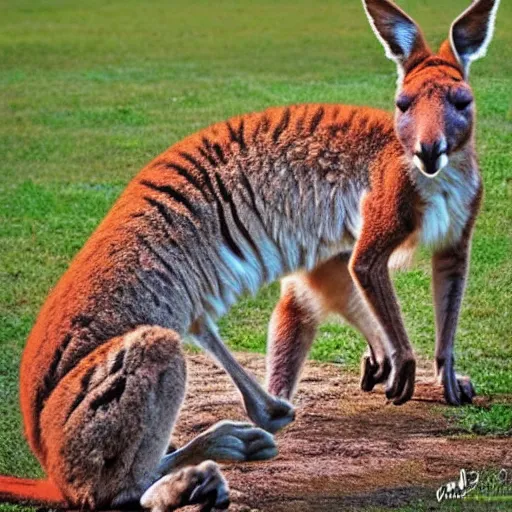 Prompt: a kangaroo with tiger stripes and a big red beard
