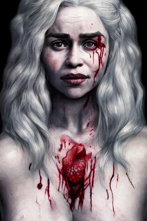 Prompt: woman covered with blood, covered with skeleton tattoo, emilia clarke face!!!, masterpiece portrait, long white hair, beautiful blue eyes, ultra realistic, concept art, intricate details, highly detailed, photorealistic, octane render, 8 k, unreal engine. retro film still, heavy grain, 3 5 mm, art by artgerm and greg rutkowski and alphonse mucha